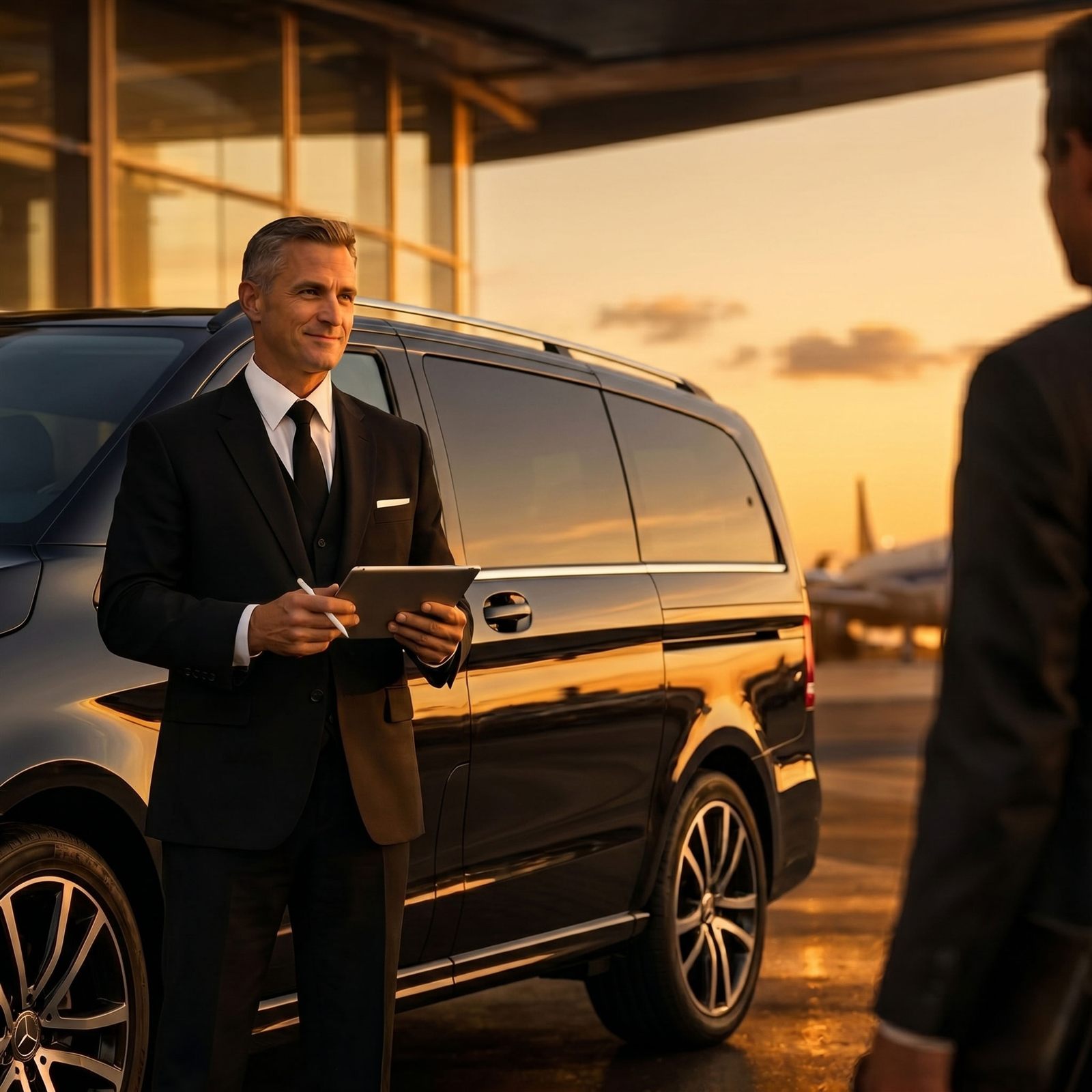 A VOGA Chauffeur prepares the journey beside a Mercedes V Class at sunset