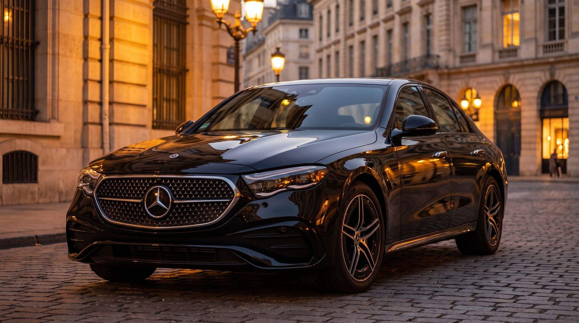 Crni Mercedes E Class parkiran na evropskoj ulici u sumrak