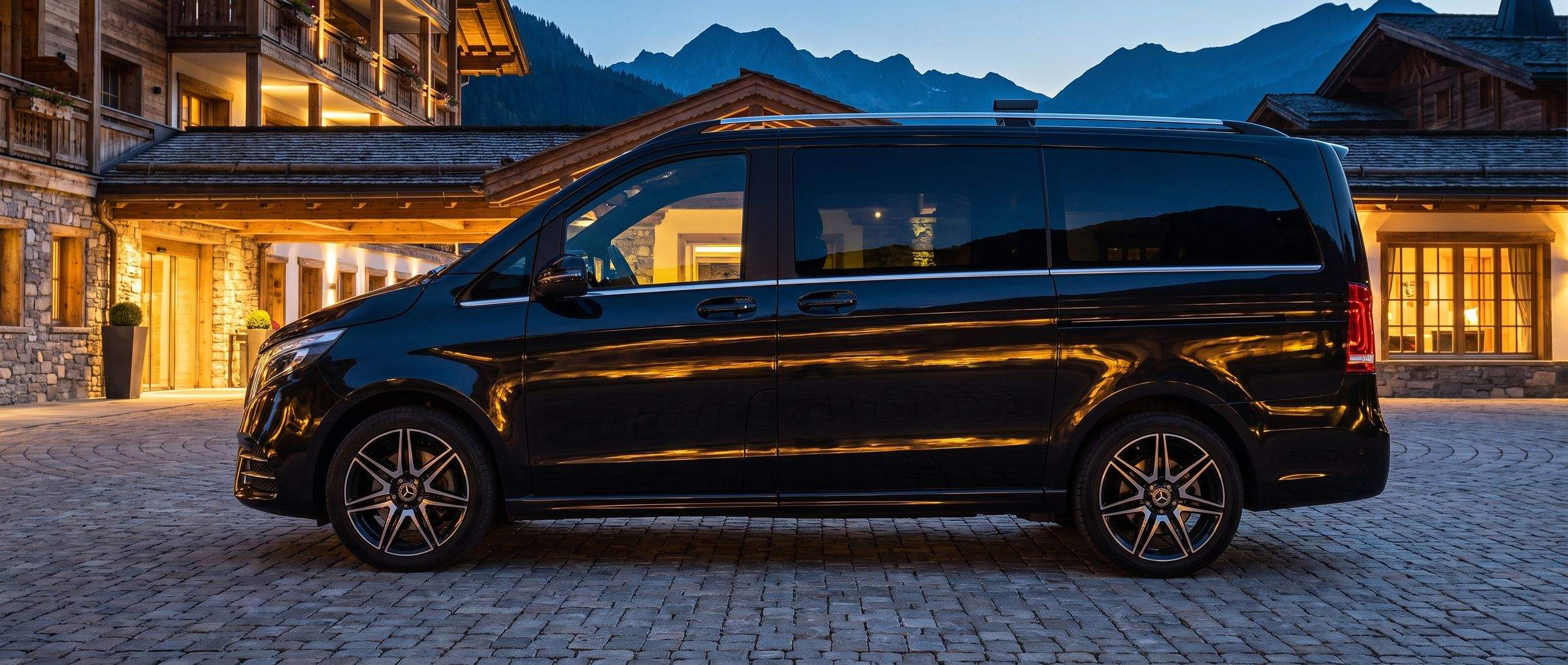 Crni Mercedes V Class ispred velelepnog hotela u sumrak, prikazan po celoj dužini