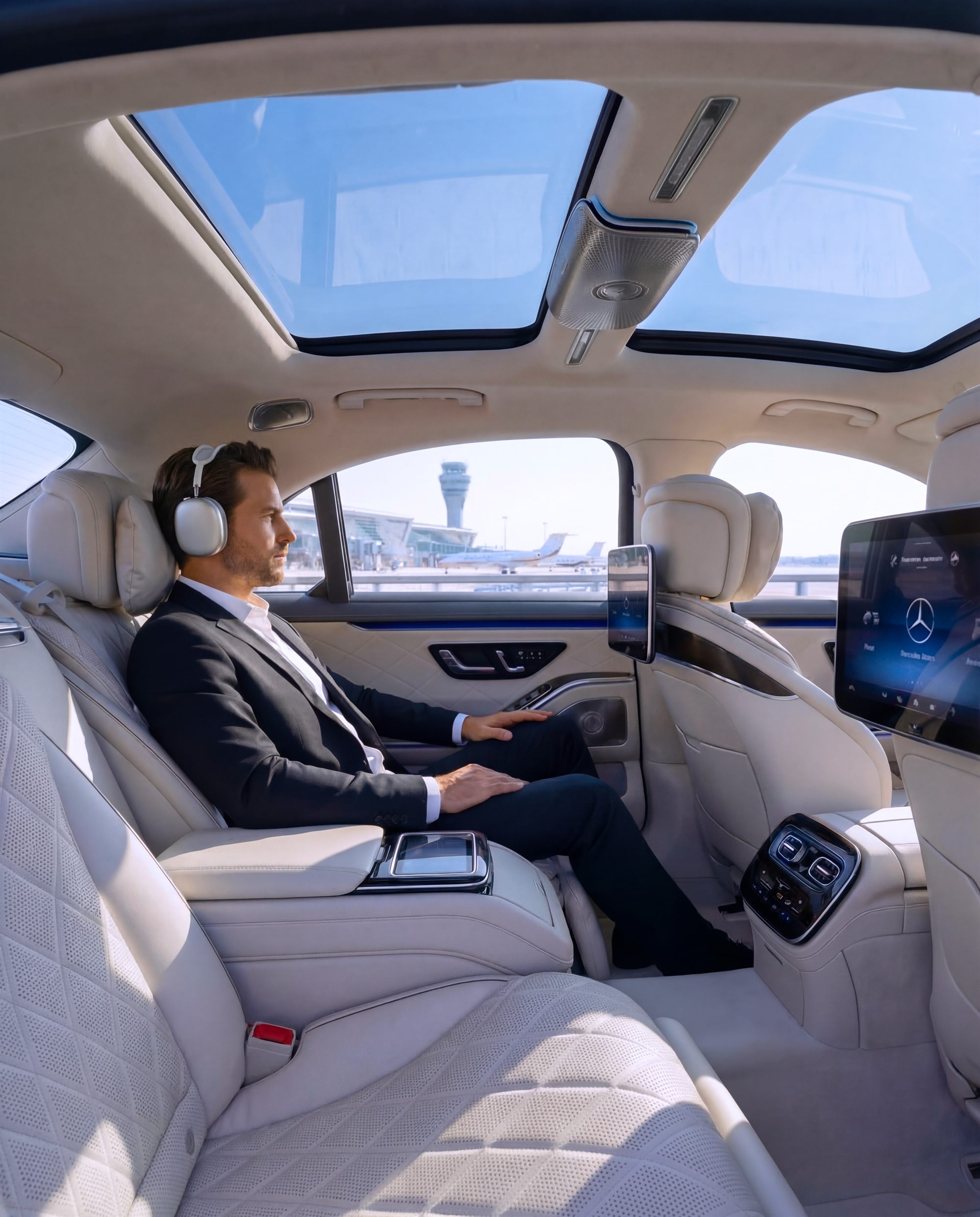 A guest works calmly in the rear seat while her VOGA Chauffeur drives
