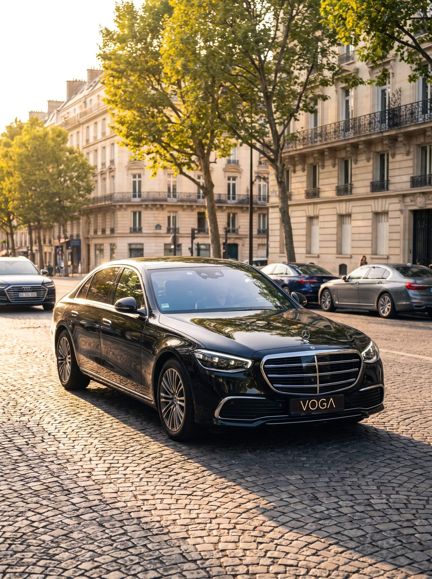 A Mercedes S Class glides through the city at dusk