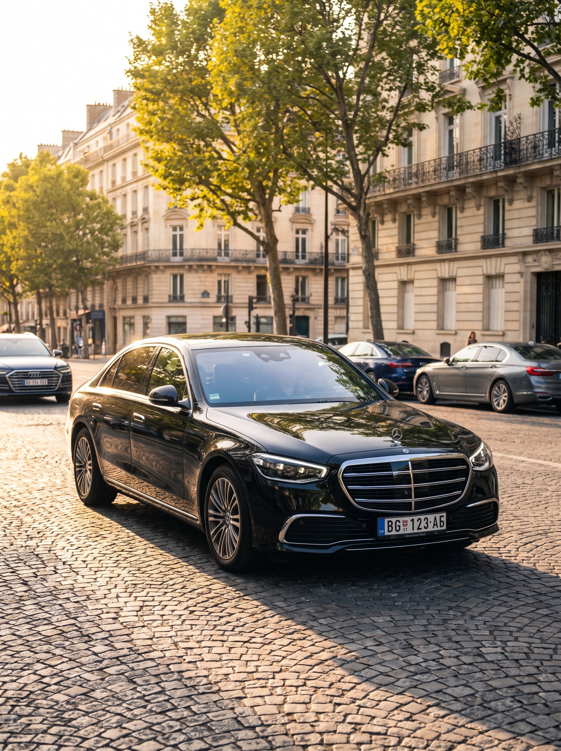 A Mercedes S Class glides through the city at dusk