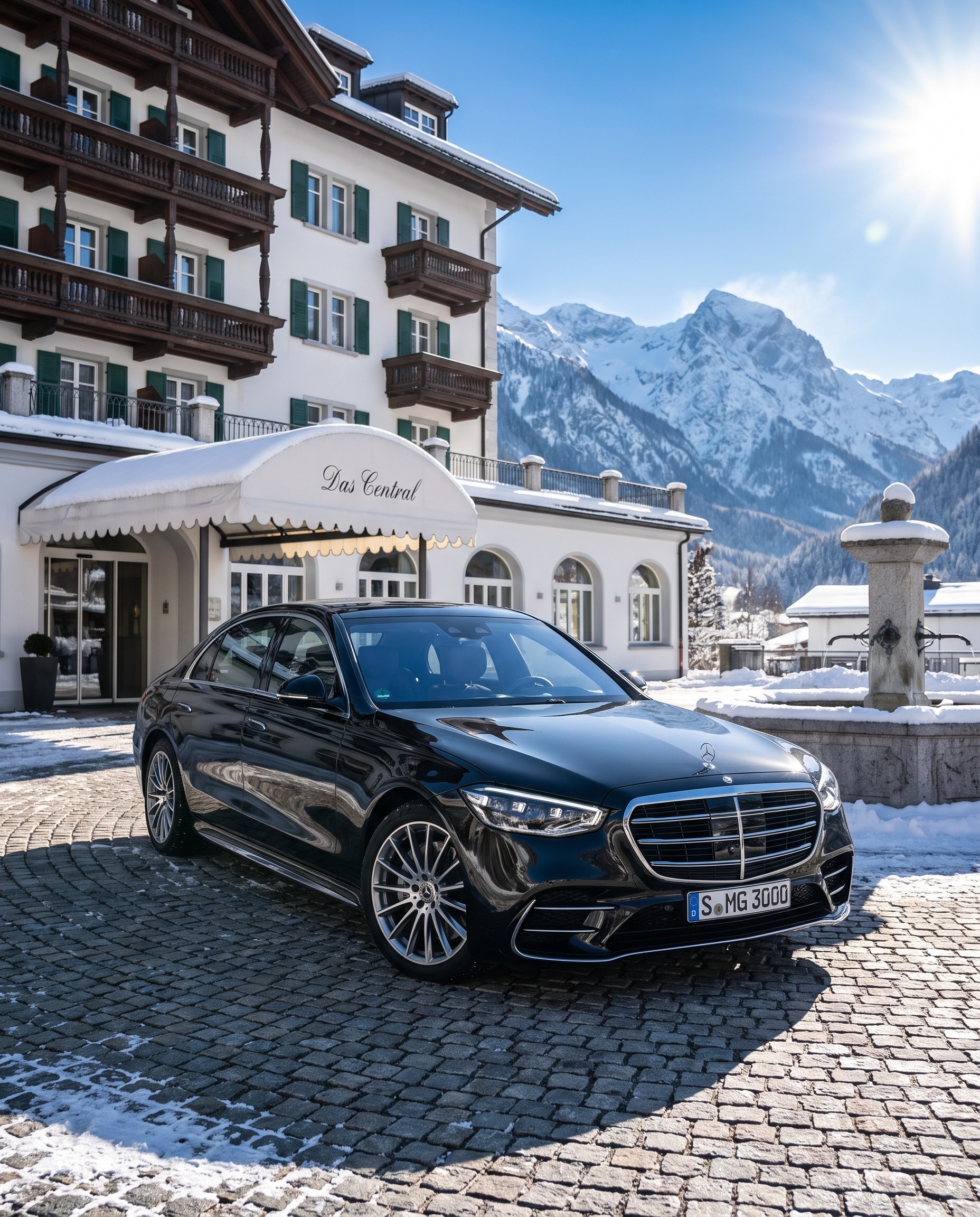 A VOGA vehicle waits before a snowy alpine hotel