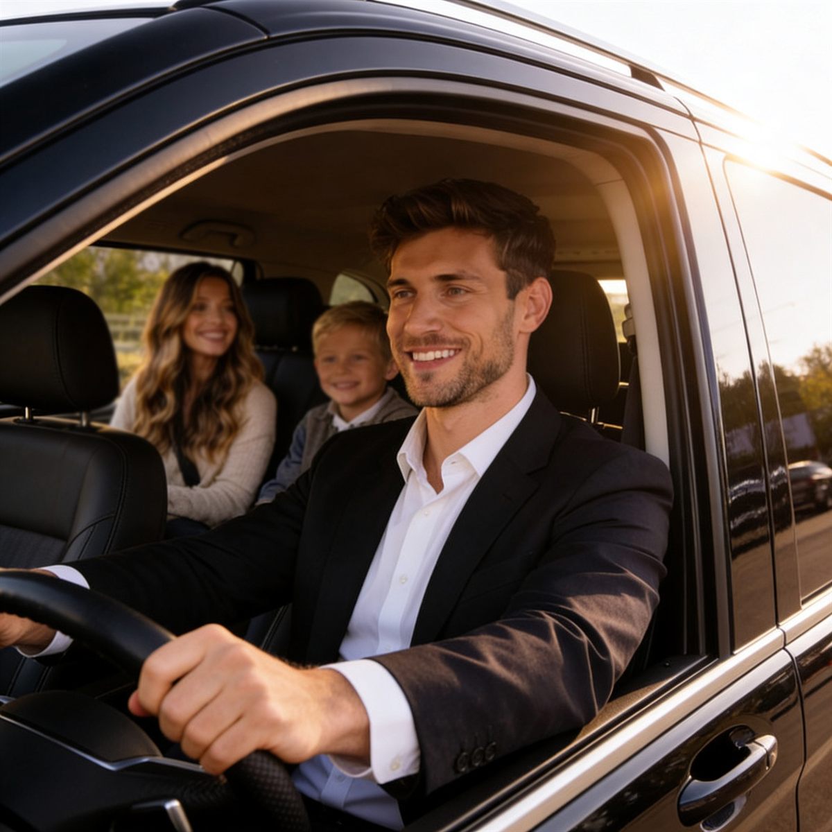 A VOGA chauffeur driving a family at golden hour